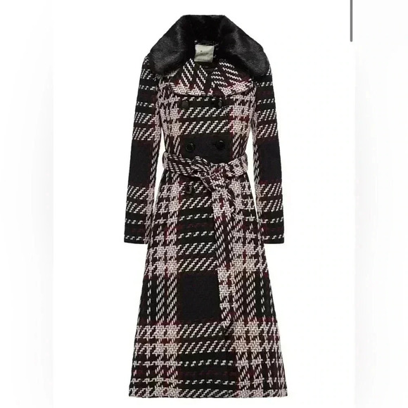Kate Spade Wool Coat Plaid Belted Long Fur Collar Trim Pink Double Breasted 0 XS - Picture 6 of 10